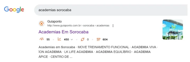 Resultado do Google mostrando a página de academias em Sorocaba do Guiaponto